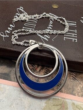 Upcycled Y2K Silver Tone Blue Statement Pendant Necklace Handmade